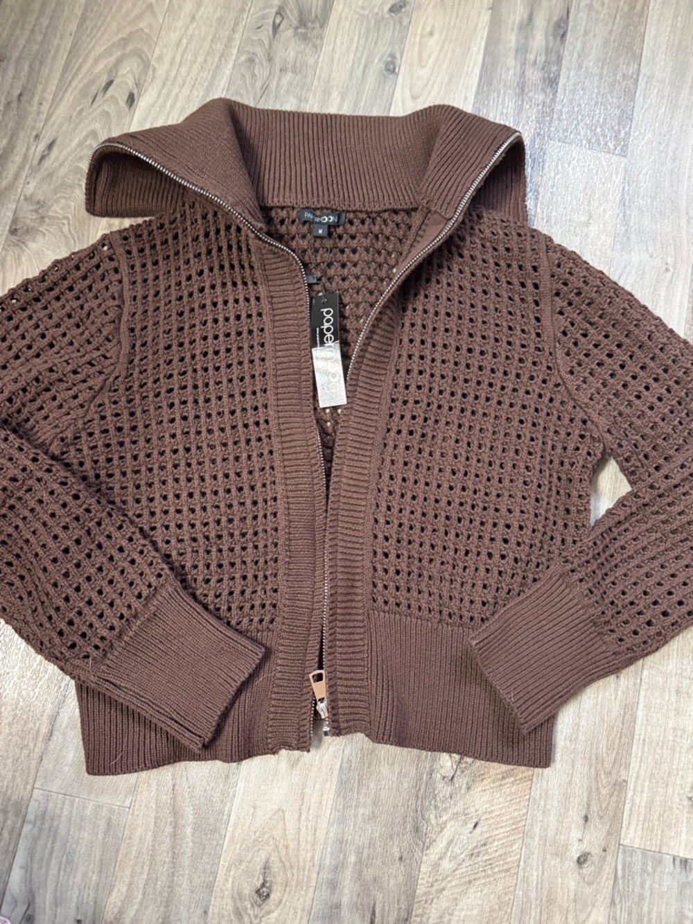 Cocoa Brown Open Knit Zip-Up Cardigan